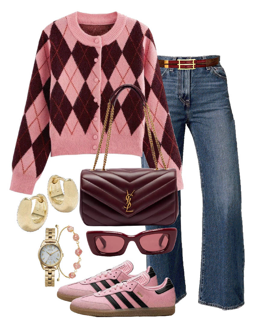 pink argyle sweater and barrel jeans