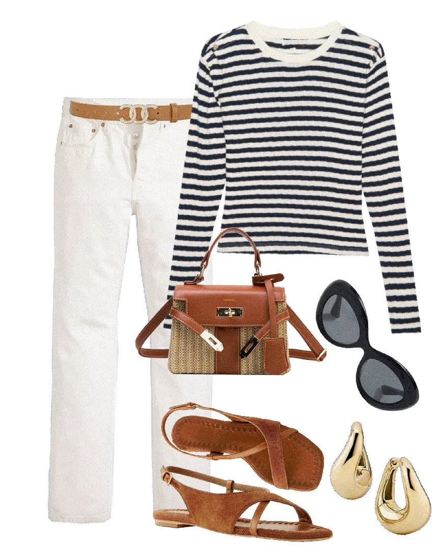 stripes top and white denim with suede sandals
