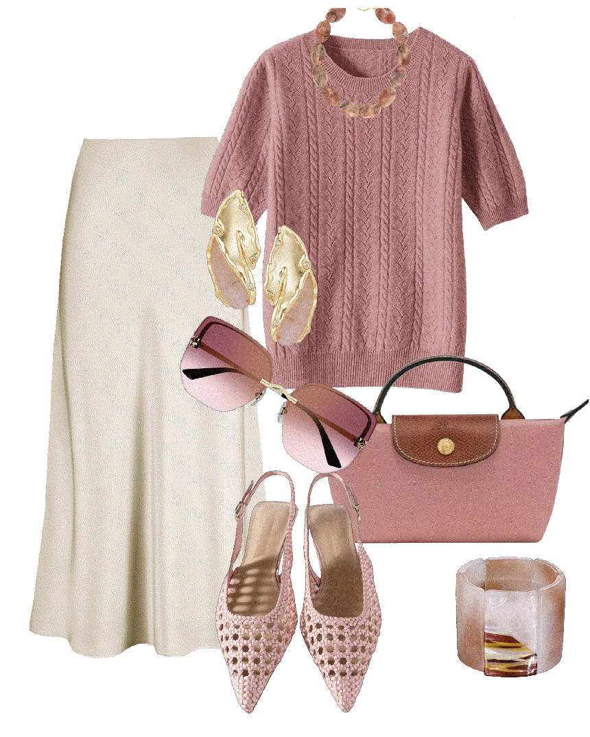 knit powder pink top and white satin skirt