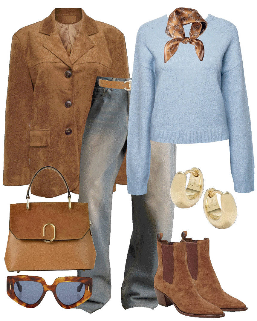 washed wide leg jeans with trendy blue sweater