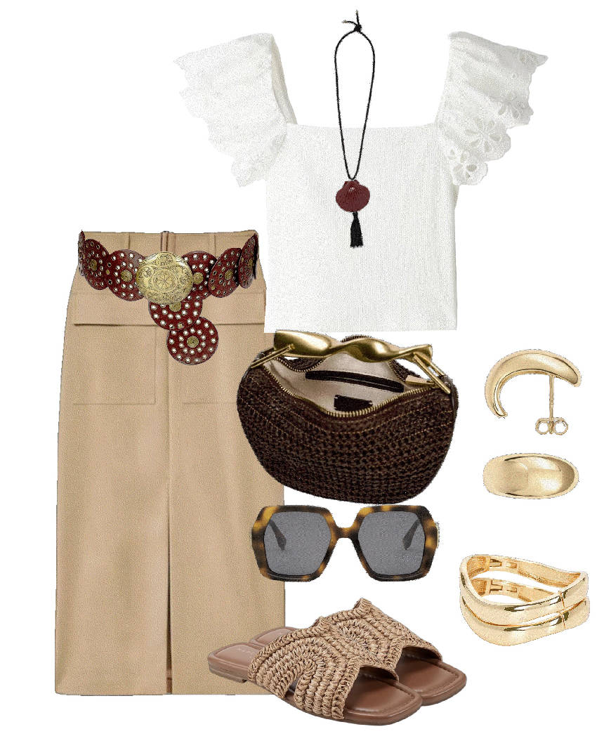 brown raffia bag with midi skirt and with ruffle top