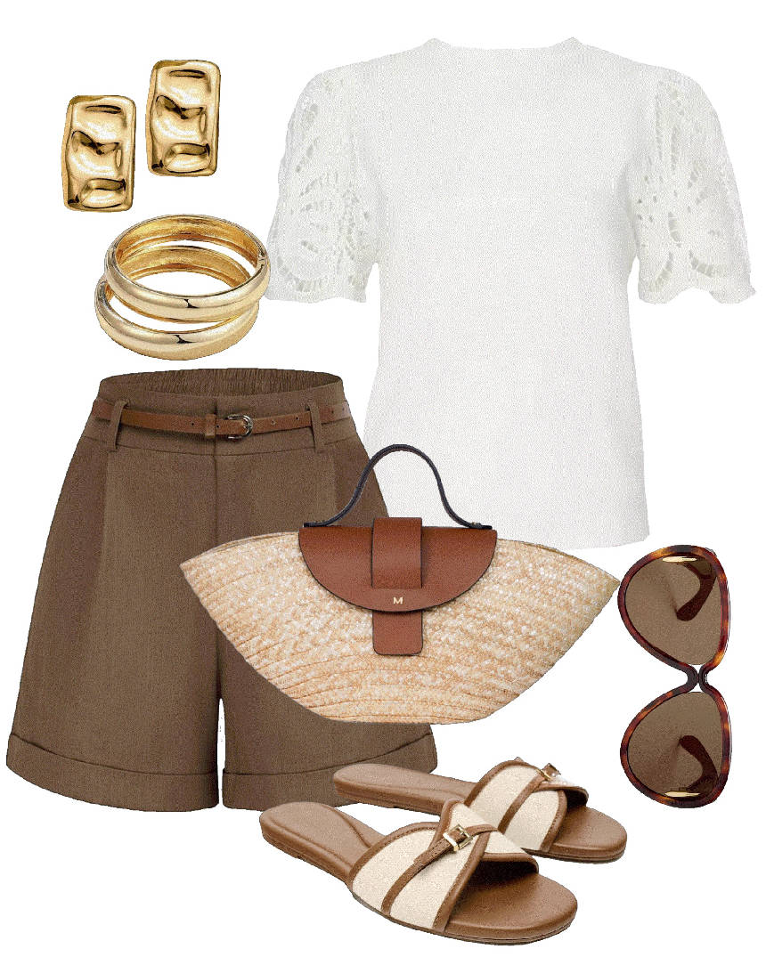 brown tailor shorts with white shirt