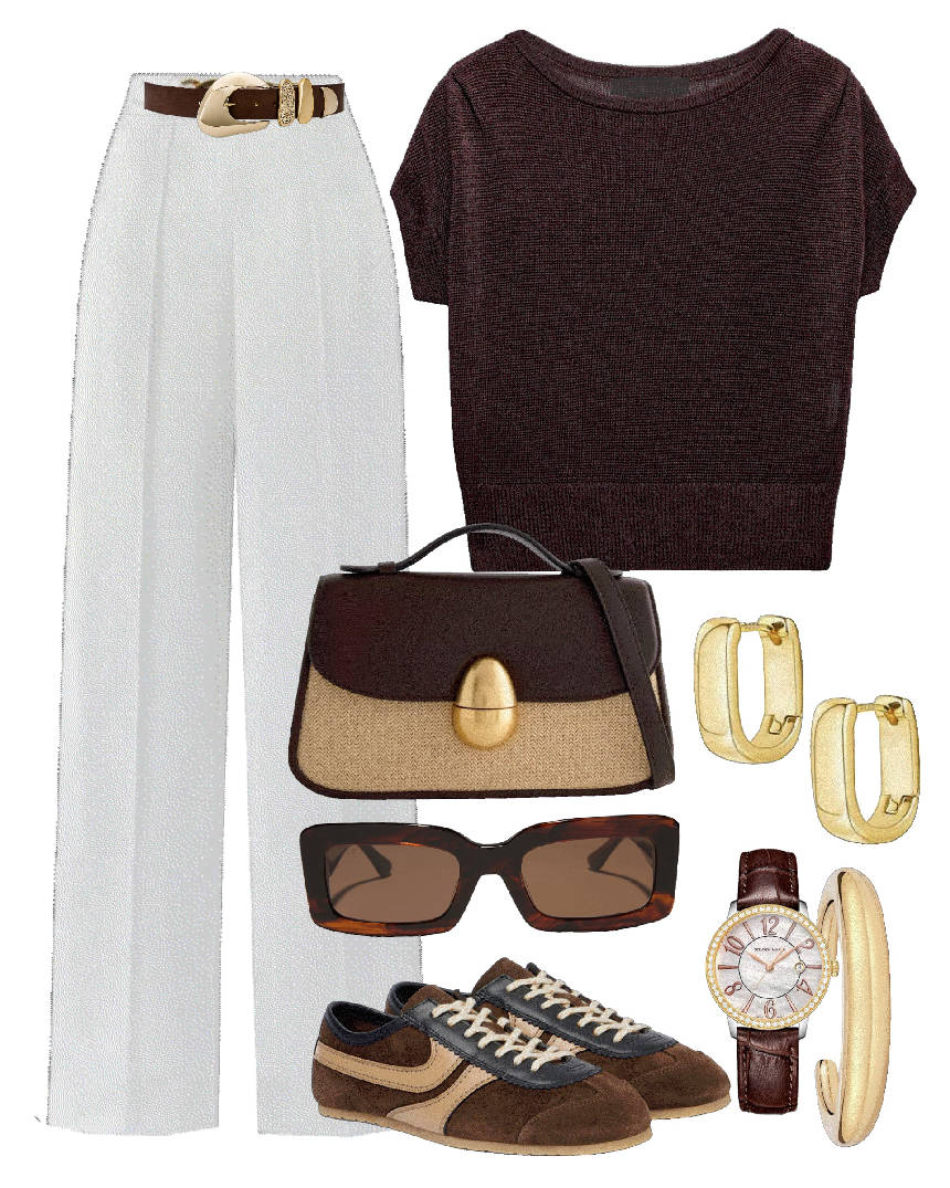 brown sneakers and top with white pants
