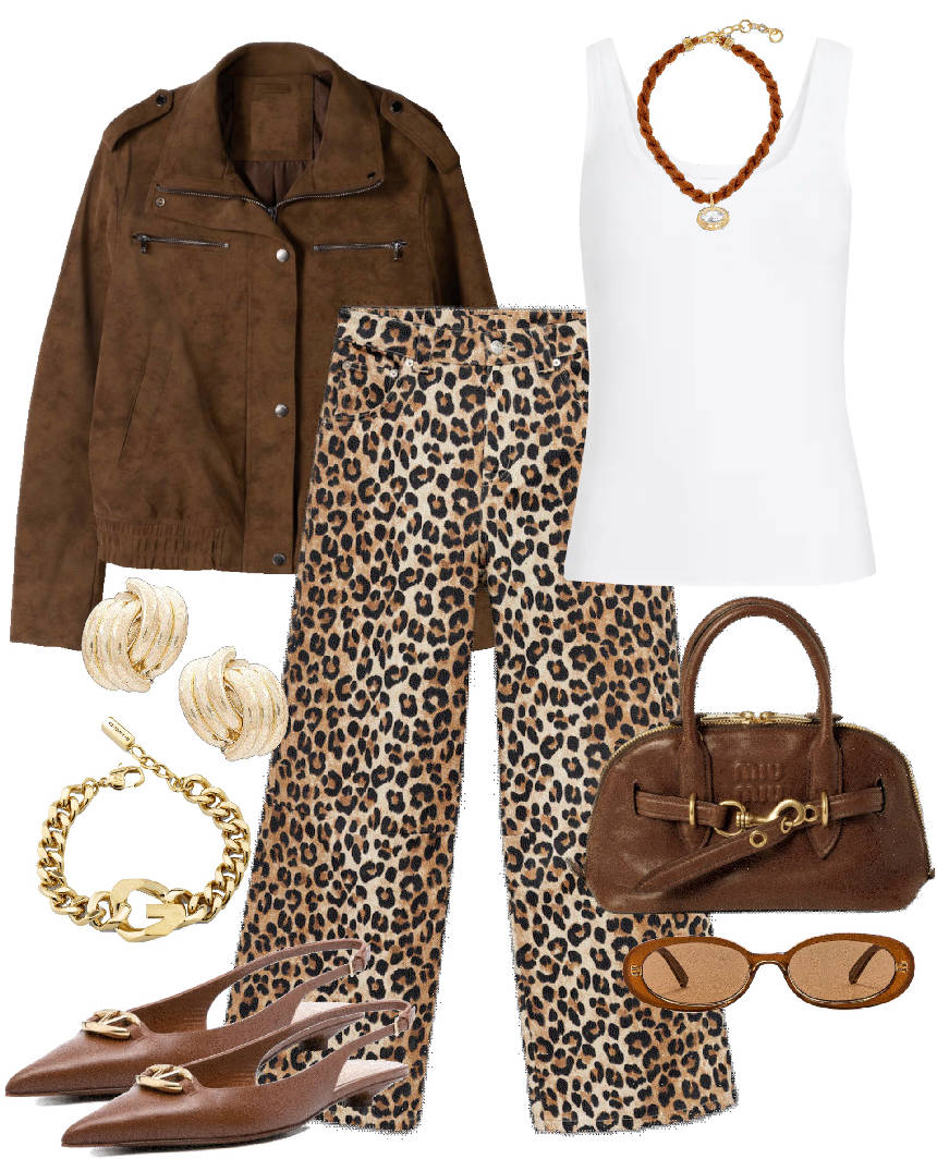 animal print jeans brown jacket and tank top