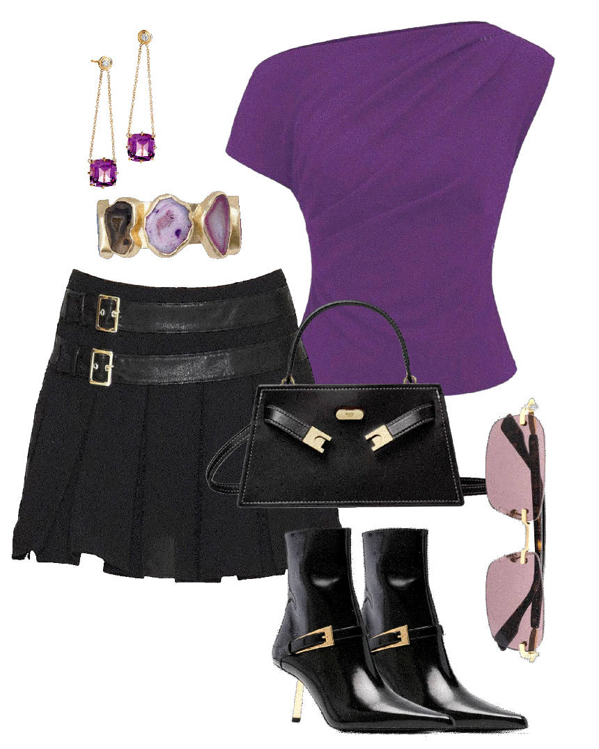 pleated black mini skirt and purple top
