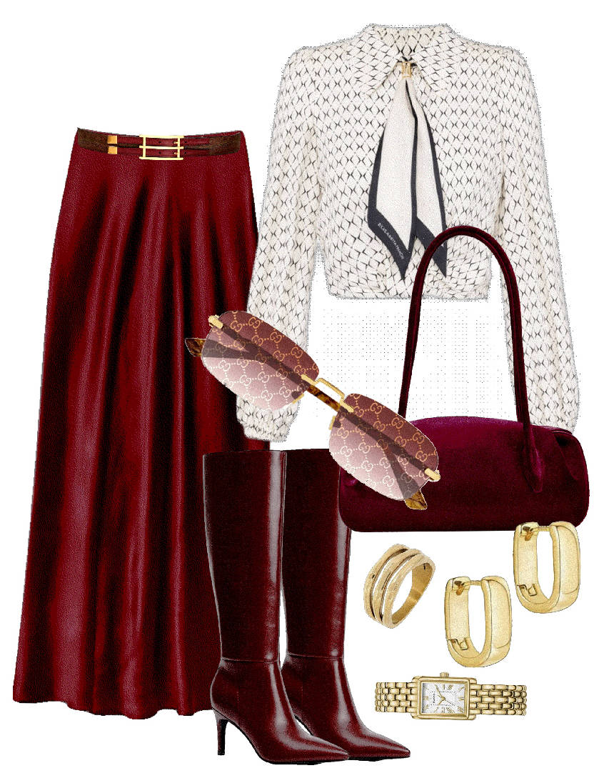 burgundy skirt with burgundy knee lenght boots