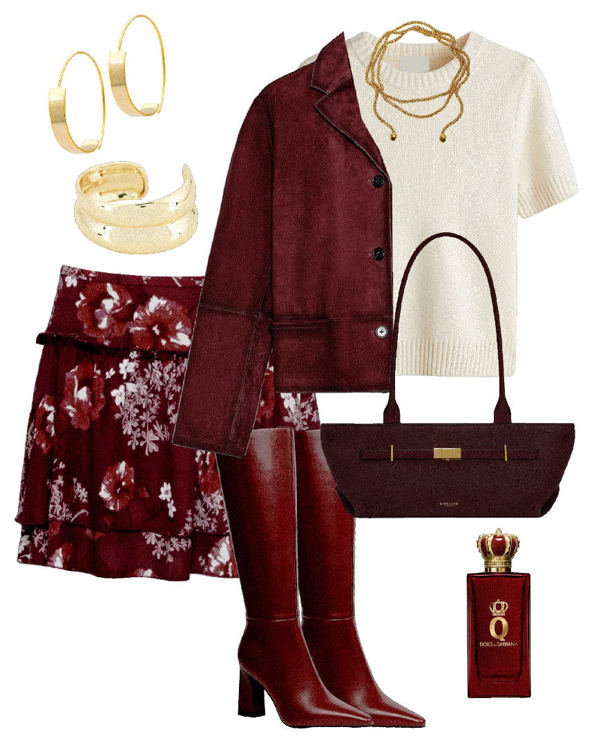 burgundy boots and mini skirt
