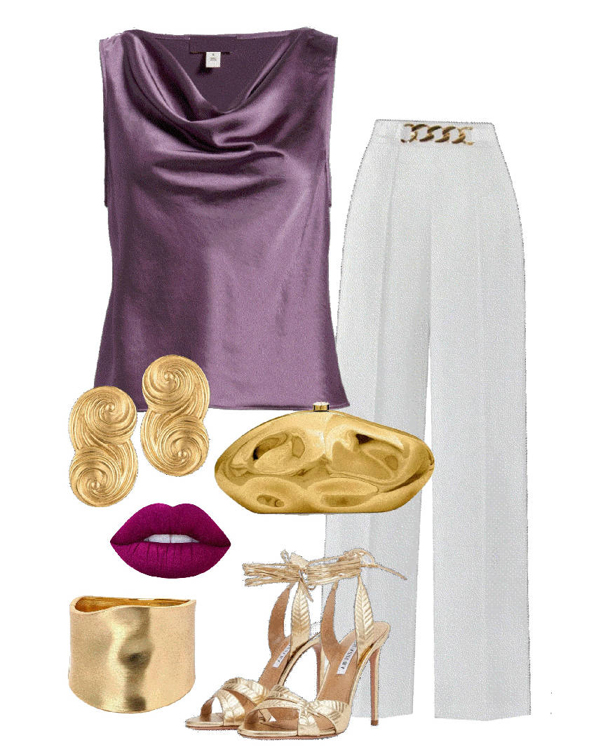 silk cowl neck blouse and white pants