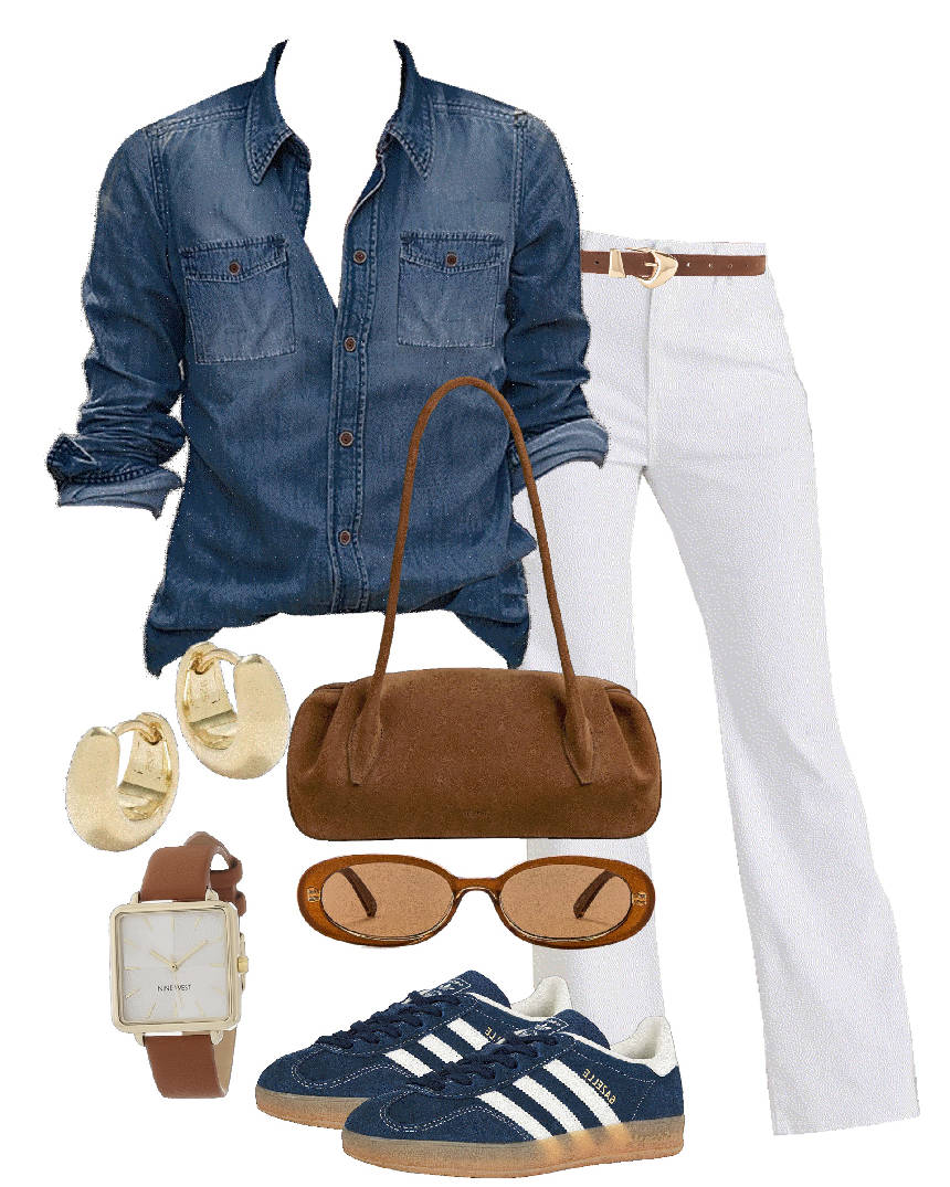 white jeans and denim shirt with denim sneakers