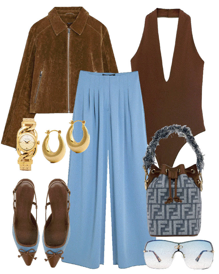 wide leg pants and brown bodysuit