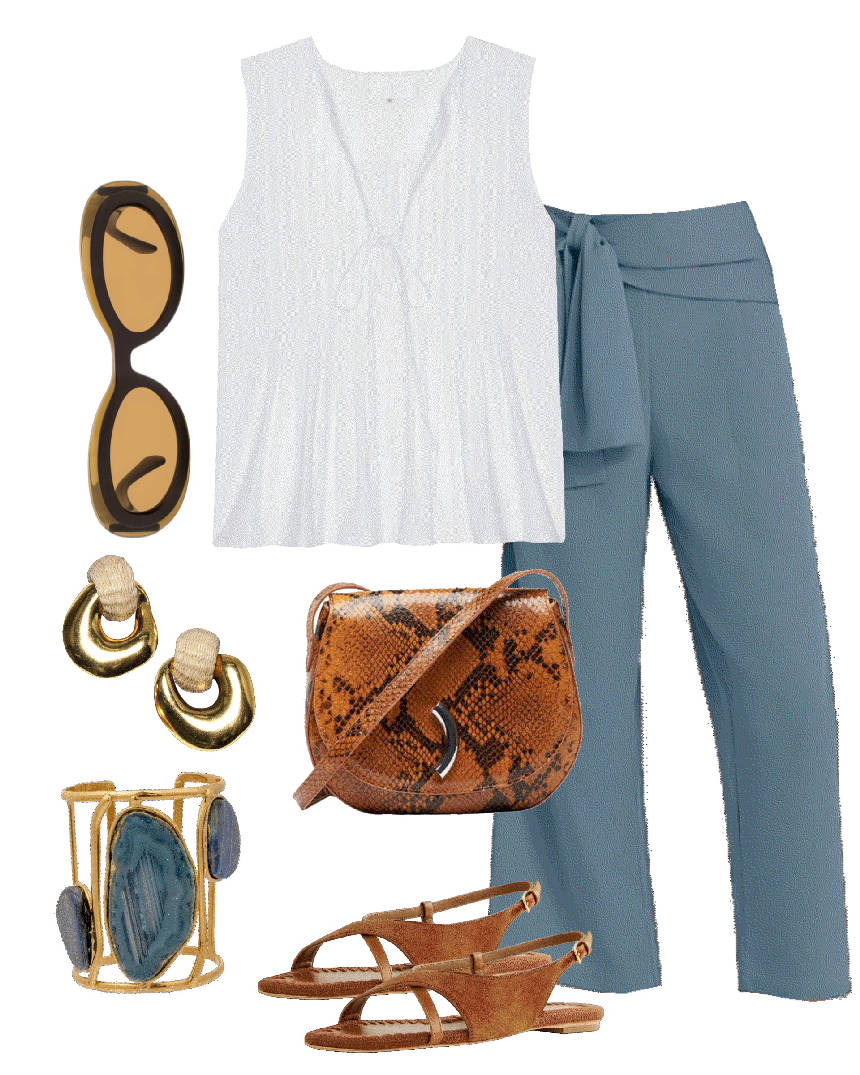 belted pants white  loose top and sandals