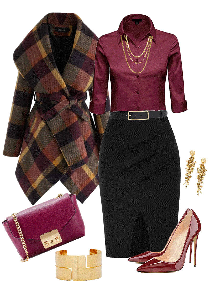 tartan colorful coat and pencil skirt
