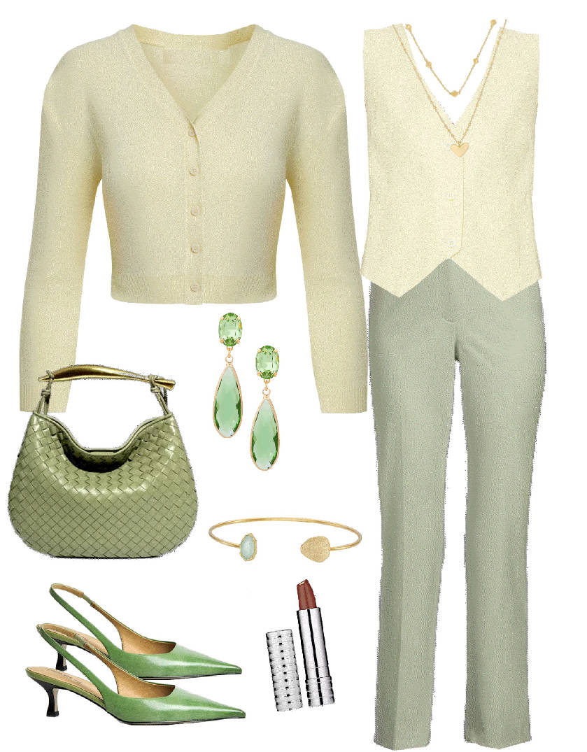 butter yellow vest with pastel green pants and sweater