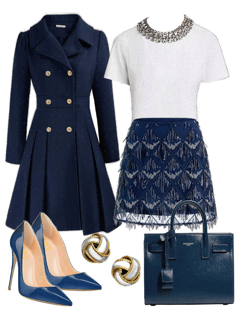 mini fringe skirt and blue jacket