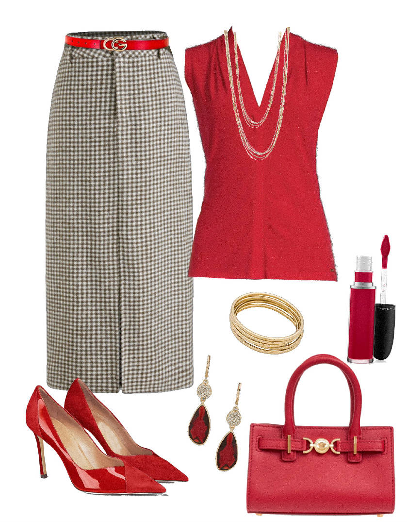 plaid pencil skirt with v-neck red top