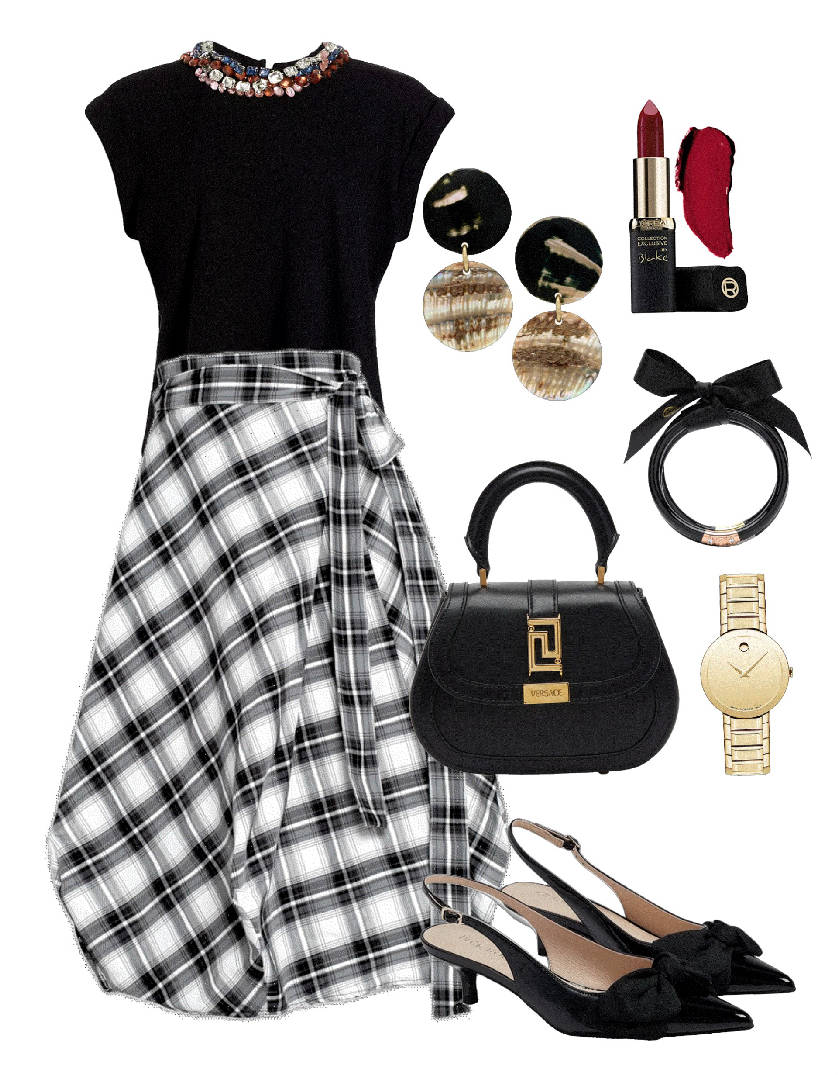 tartan black and white maxi skrit outfit