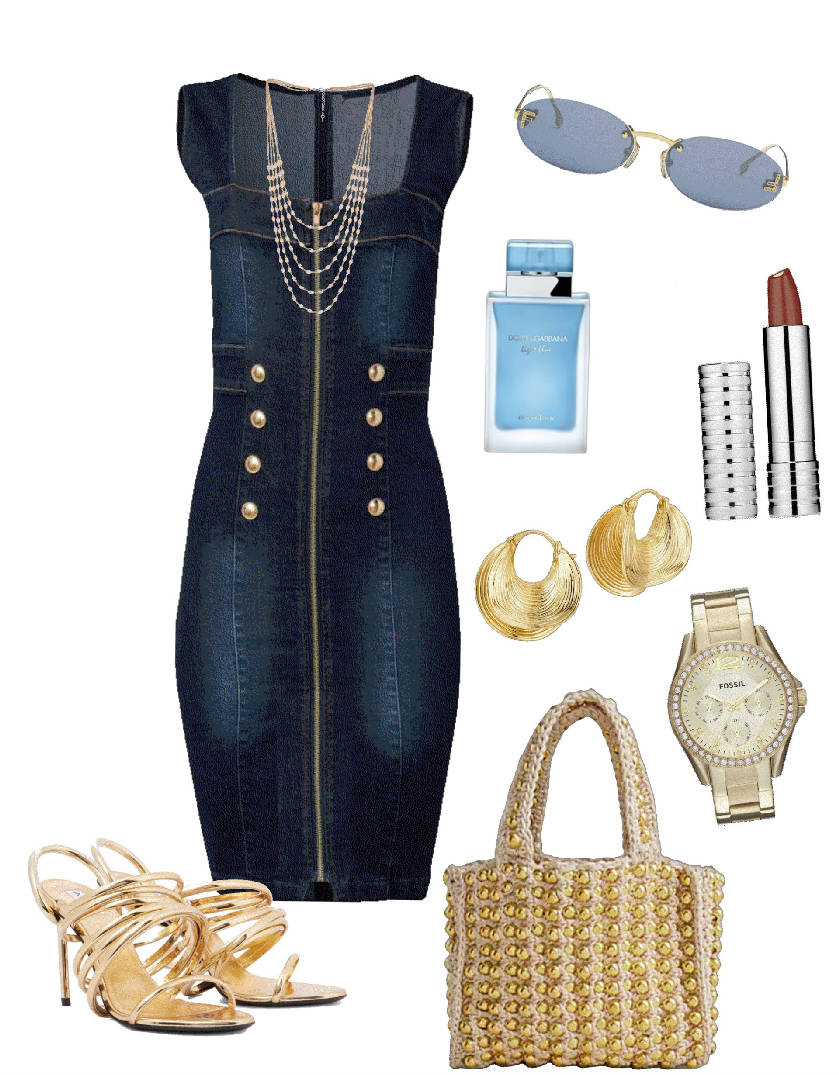 denimdress with square neck line and necklace