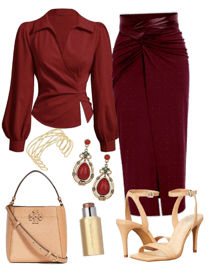 burgundy blouse and skirt outfit