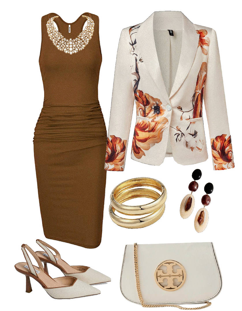 bodycon dress styled with structured blazer