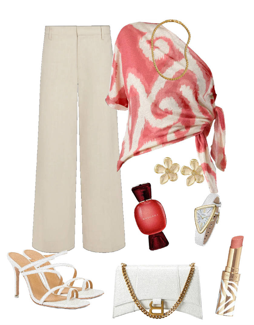 asymmetric shoulder blouse and whtie pants