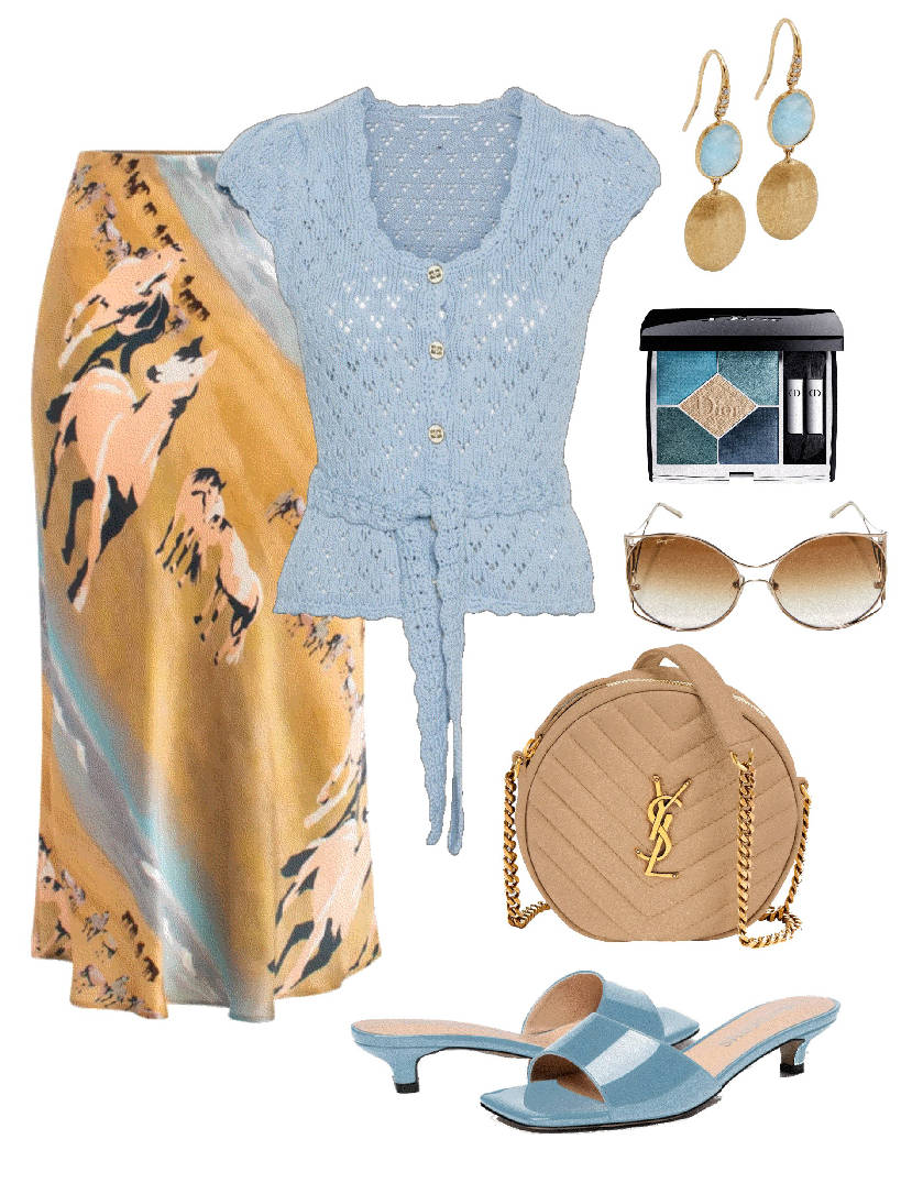 light blue kitten heel sandals and silk skirt