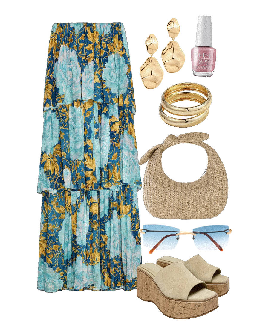 wedge sandals and strapless bohemian style dress