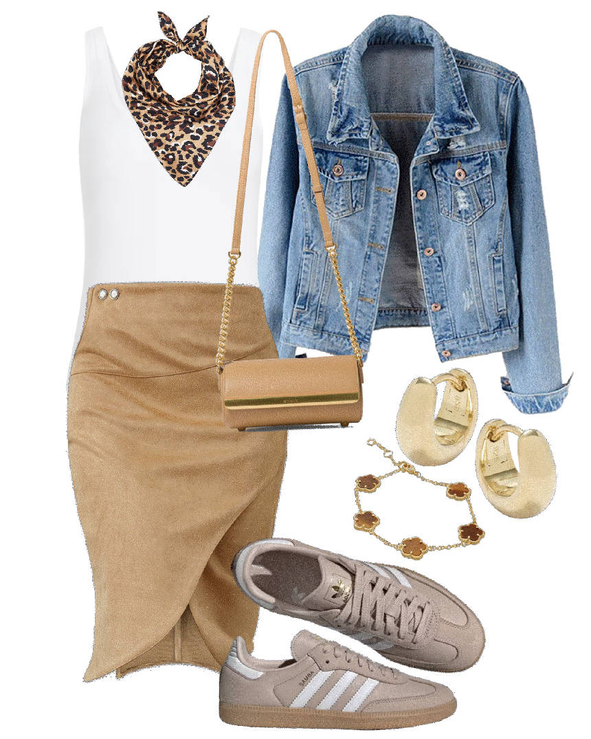 animal print scarf and comfy shoes skirt outfit