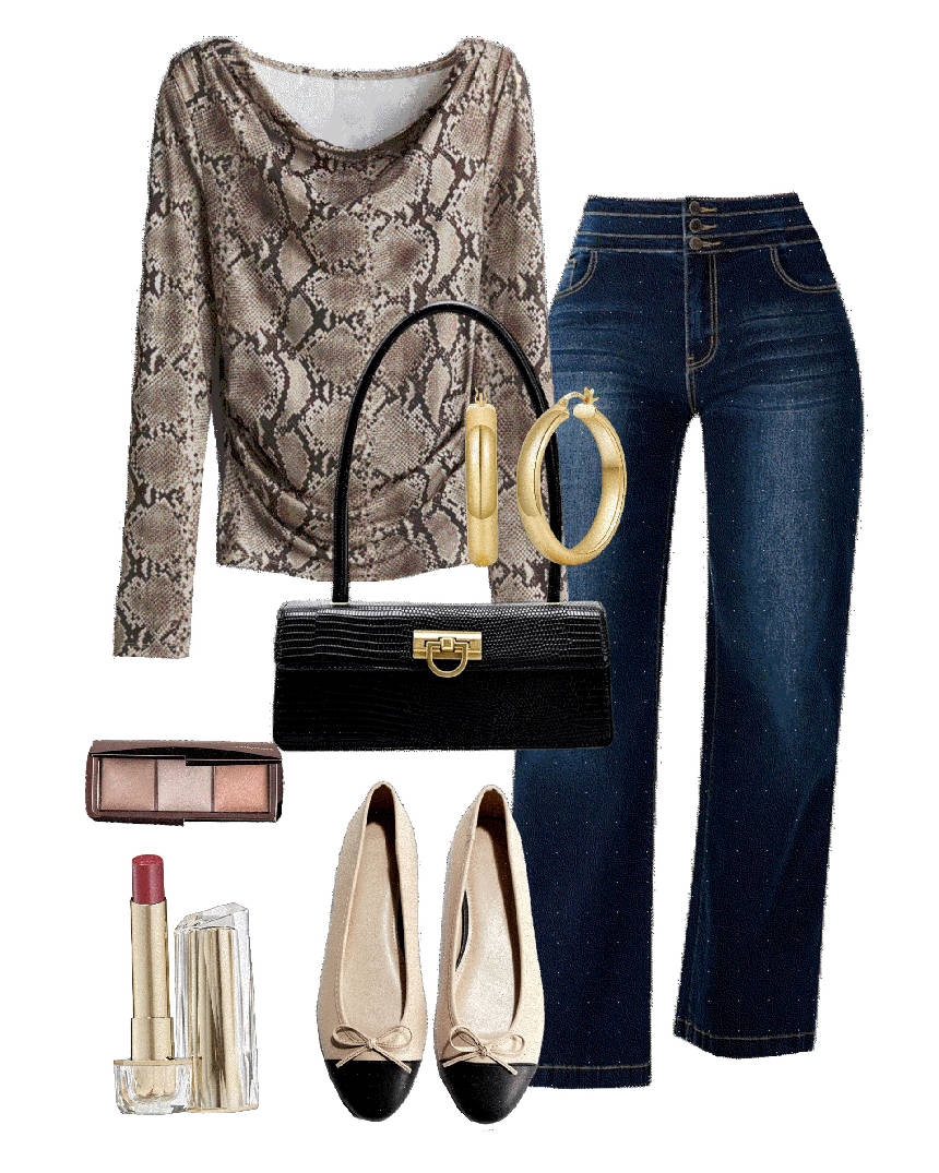 animal print top and jeans with ballerina