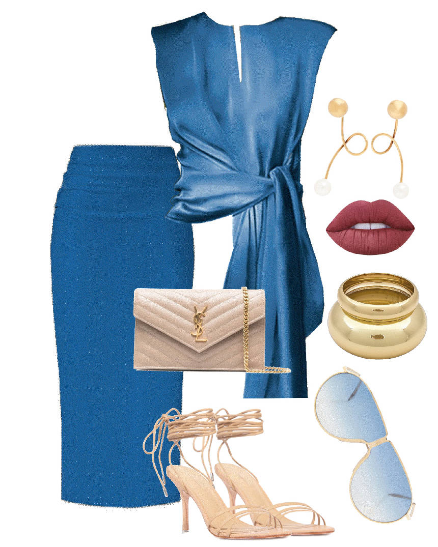 blue pencil skirt and blue dressy top