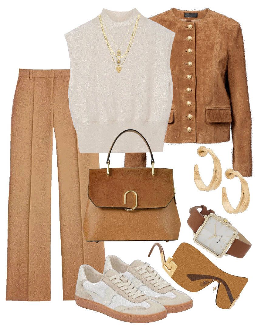 work style in camel tone pants and suede jacket