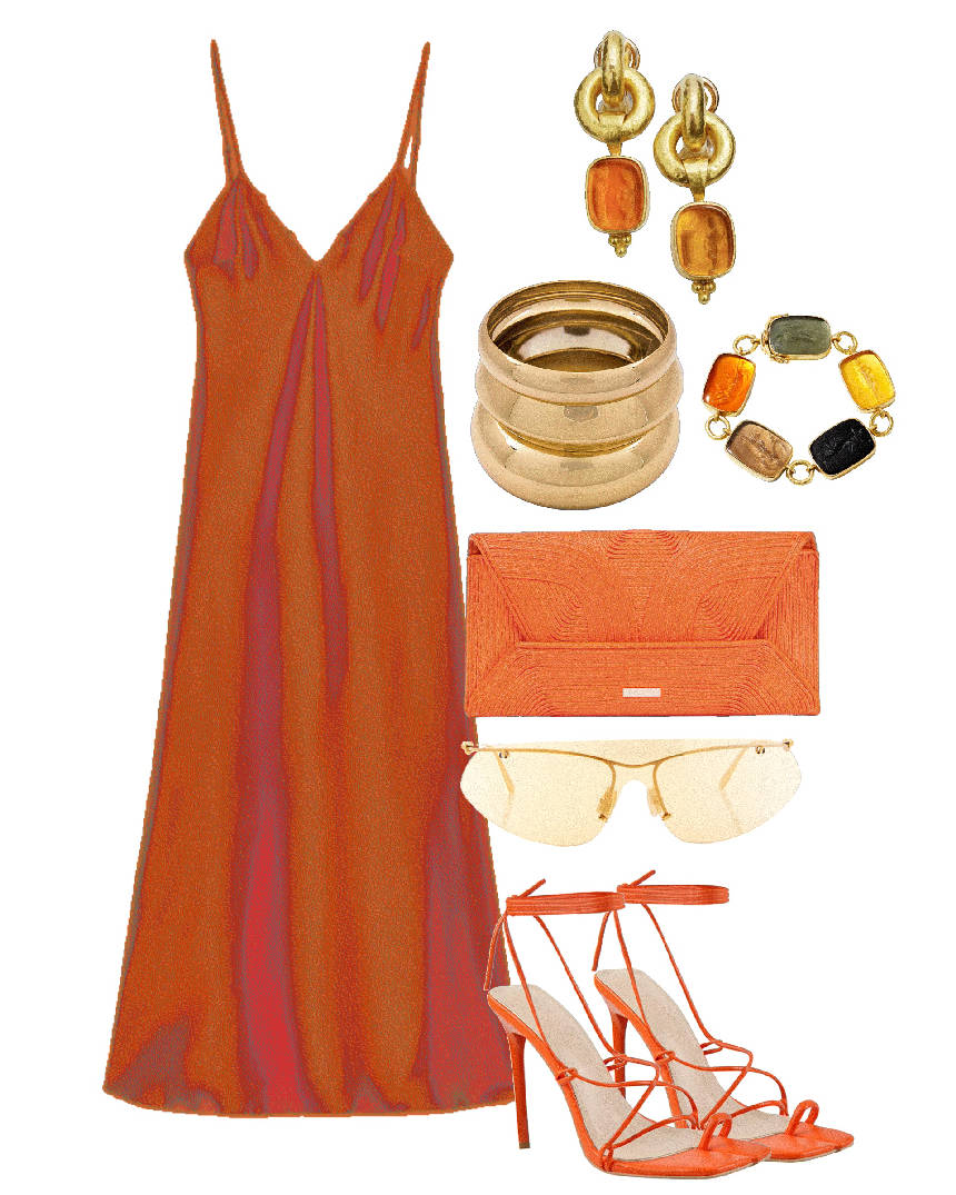 evening slip dress with orange sandals