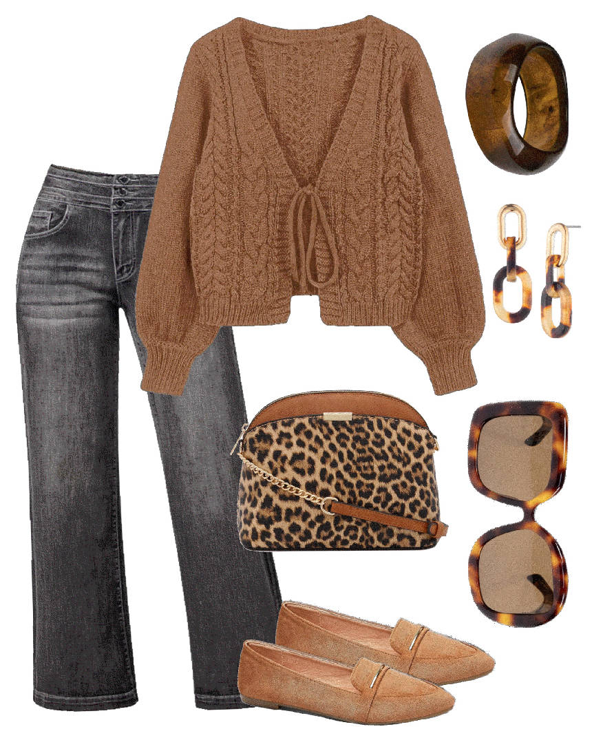 camel loafers and gray jeans