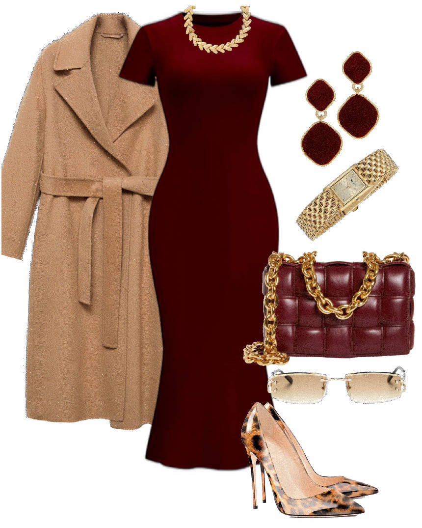 burgundy siren dress and camel coat