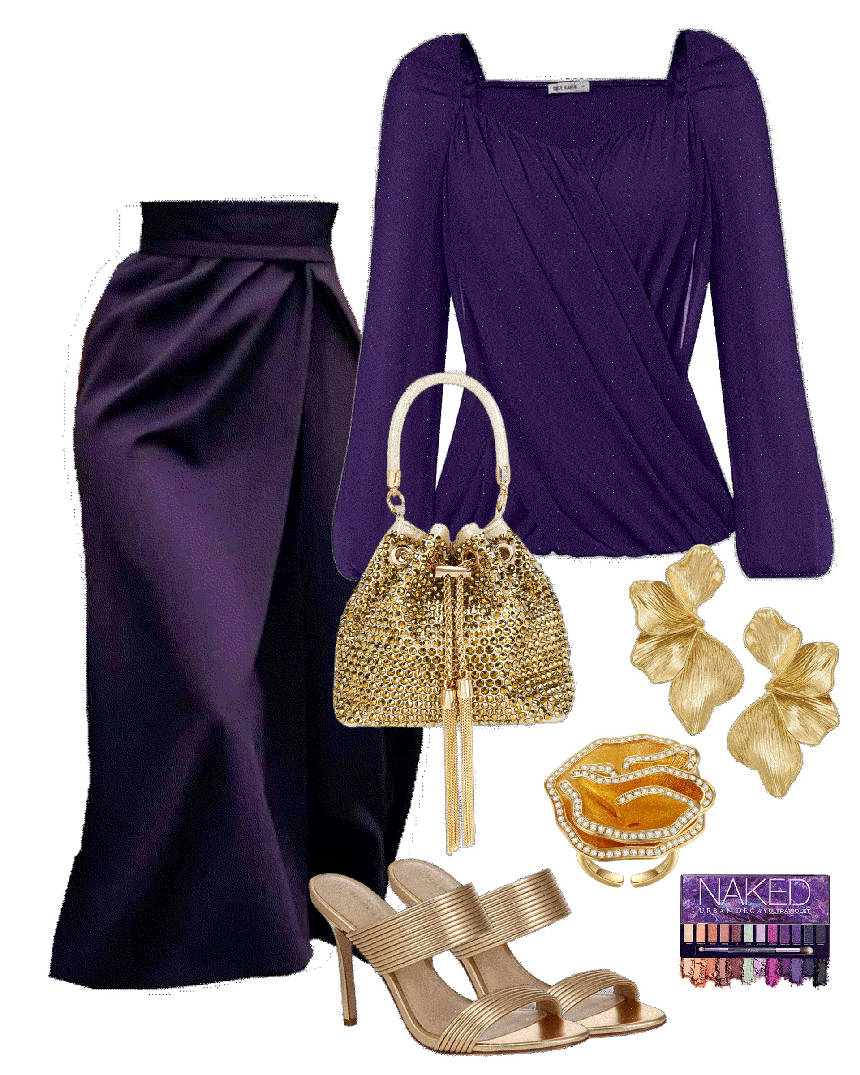evening style in belted skirt and wrap blouse