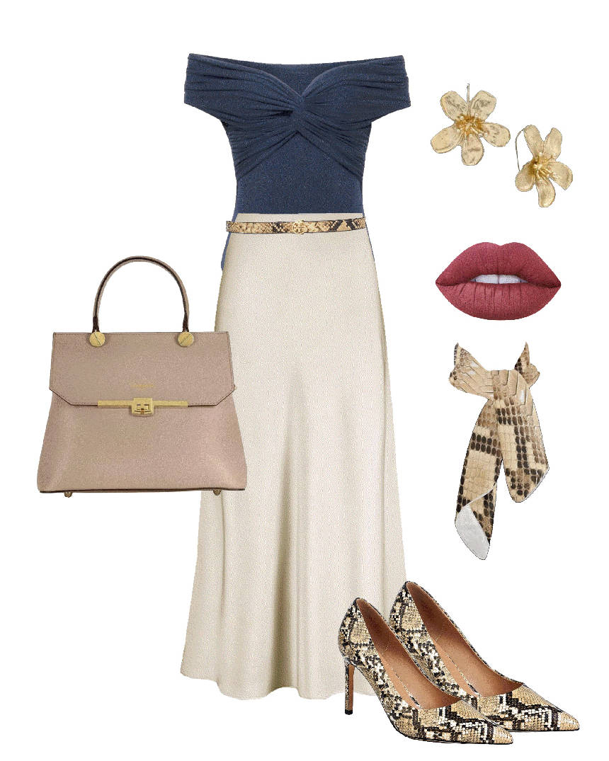 snake print pumps and satin skirt