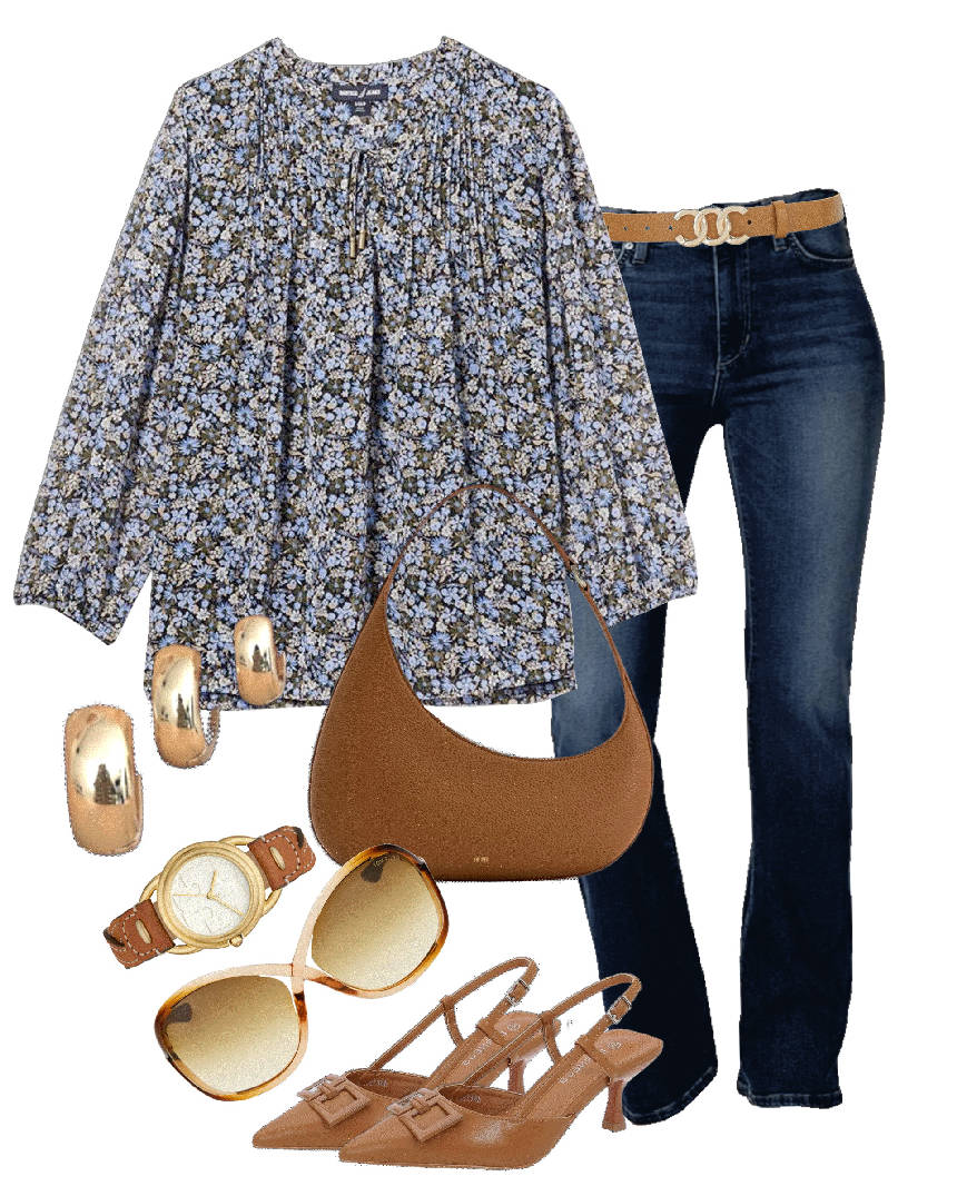 floral blouse and bootcut jeans