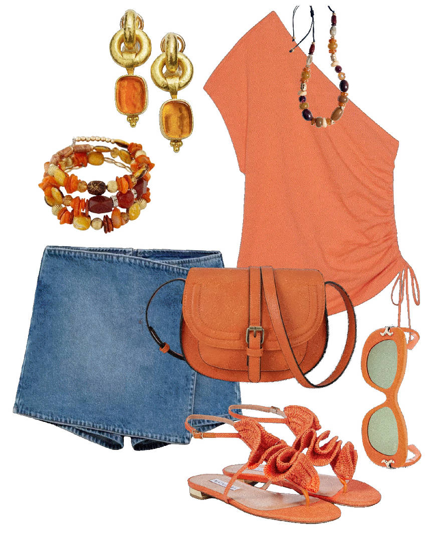 skirt and orange one shoulder top with rosette sandals