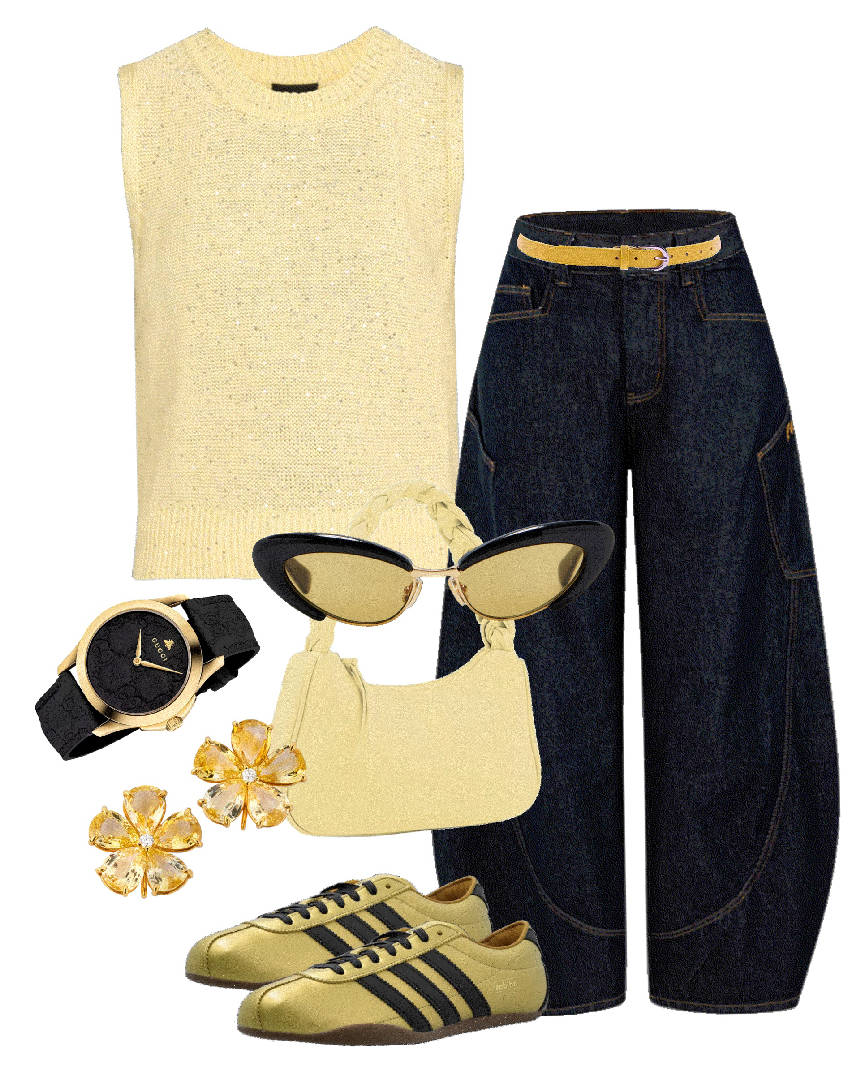 yellow top and sneakers styled with jeans