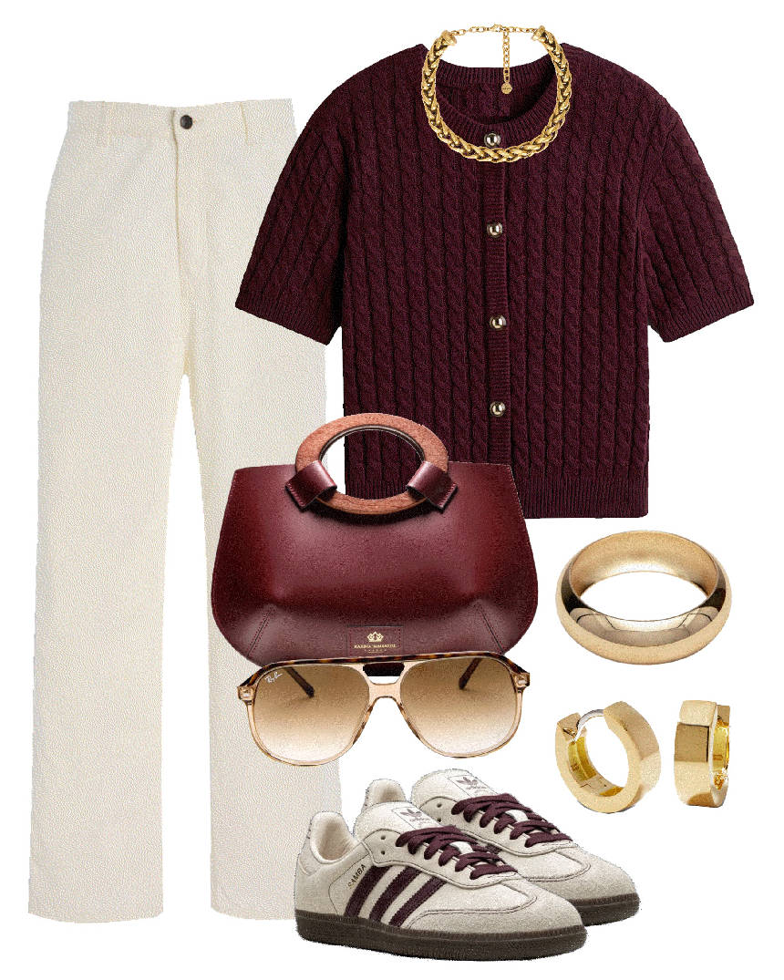 burgundy knit top and cream pants with sneakers