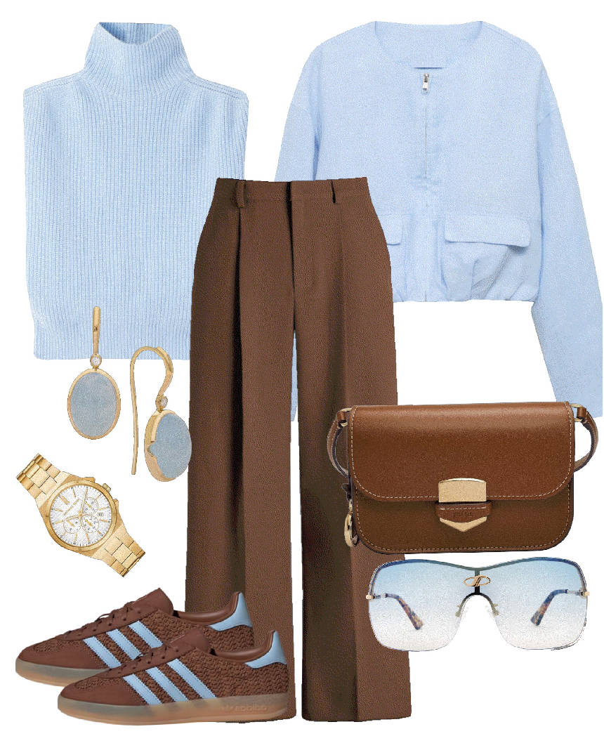 brown pants with light blue top and matching sneakers