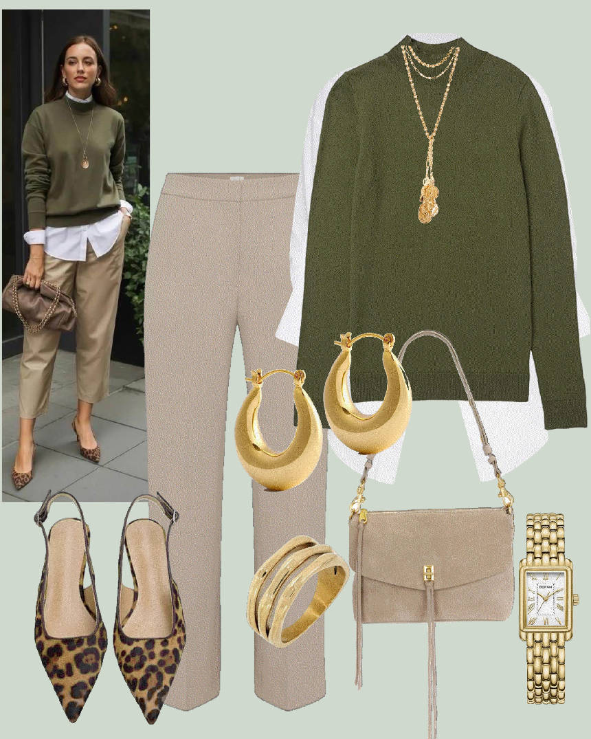 mixing green and beige in sweater