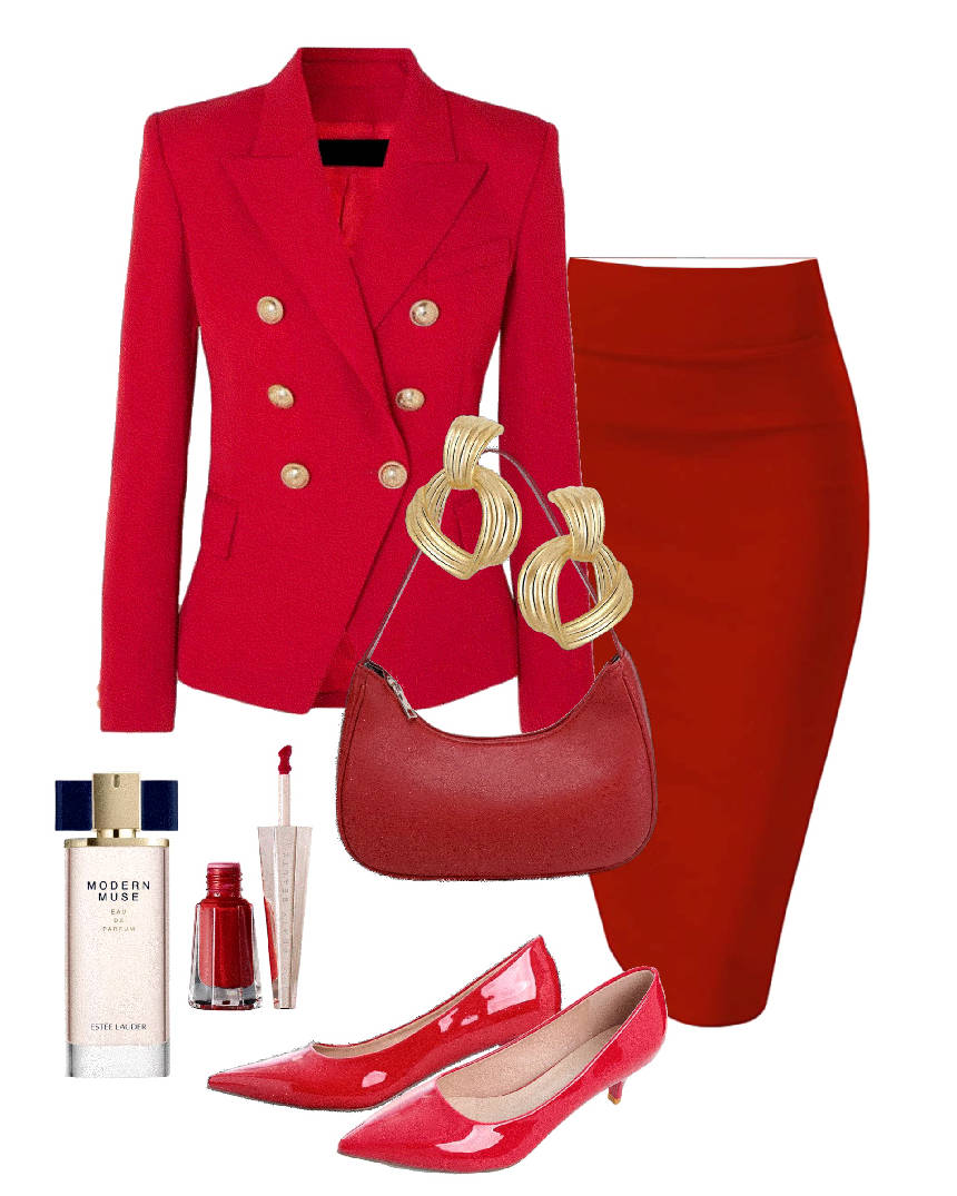 all red work outfit in skirt