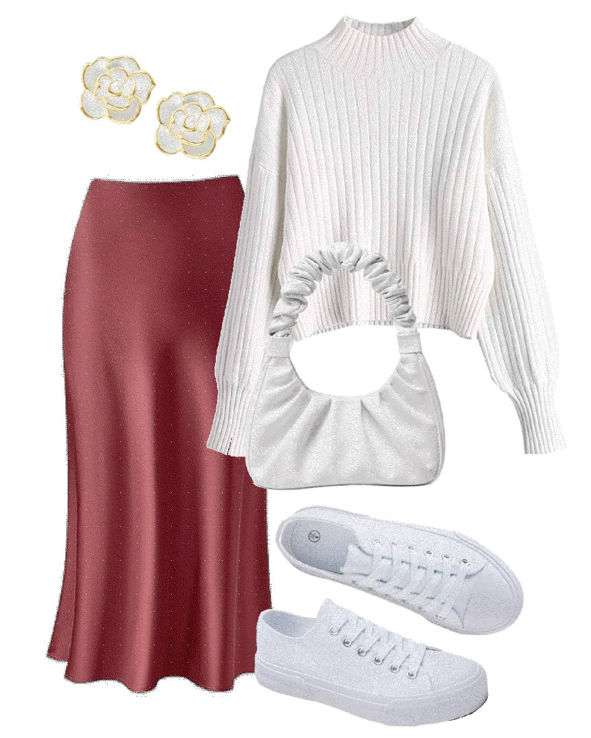 white sweater with sneakers and slip skirt