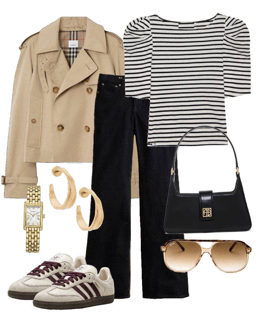 stripes top with trench coat and sneakers