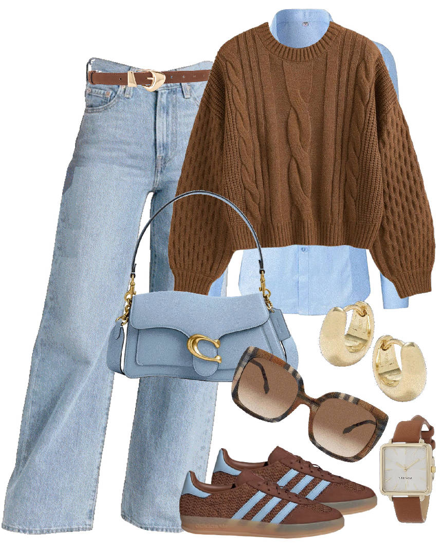 jeans style with sweater and shirt with same color sneakers