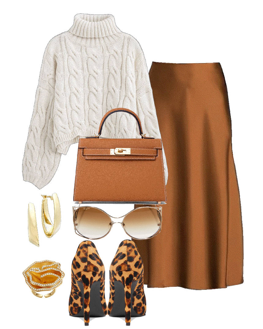 white knit turtleneck and camel skirt