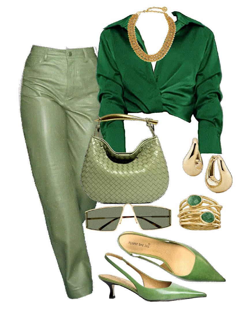 green pointed kitten heel and green outfit