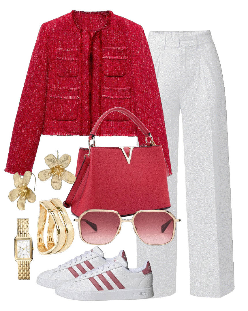 red jacket white pants and sneakers for work