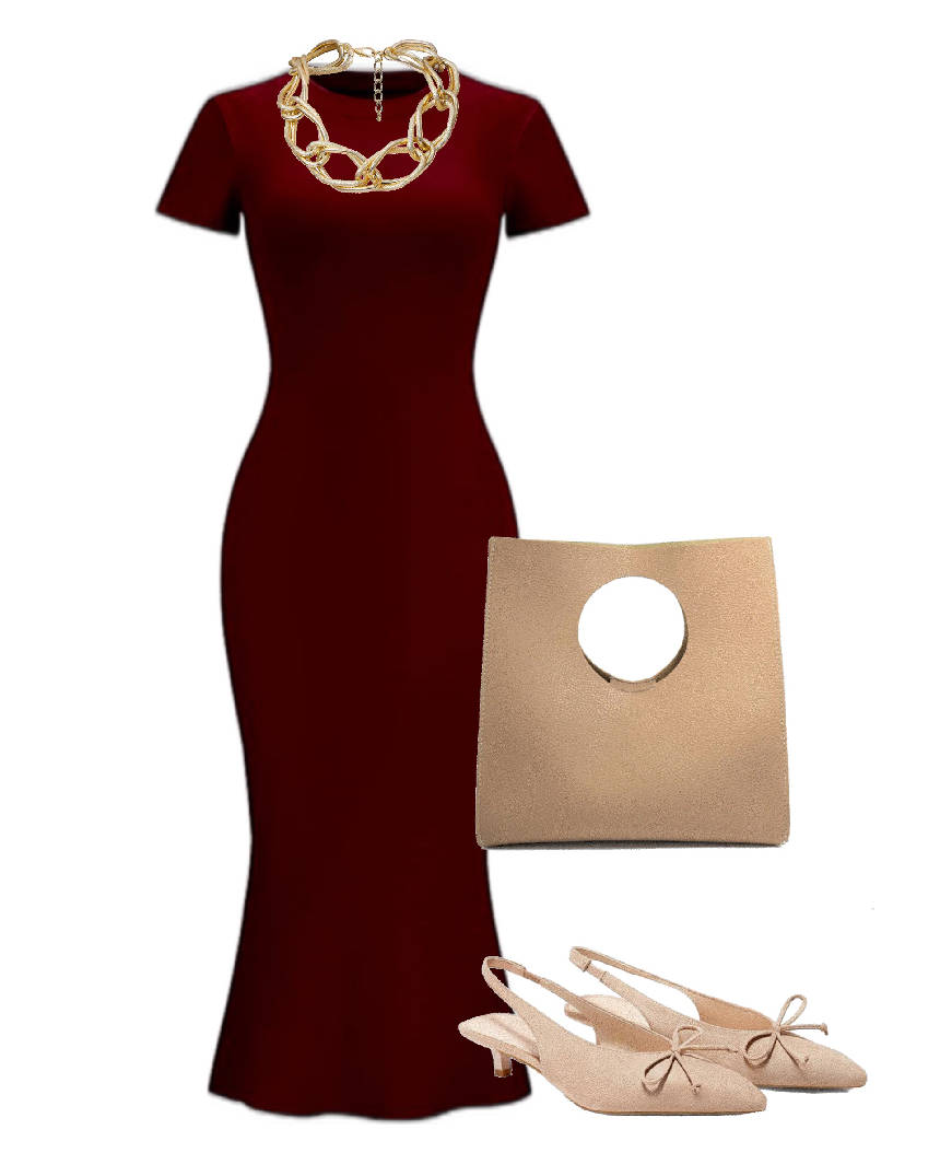 work outfit in burgundy dress