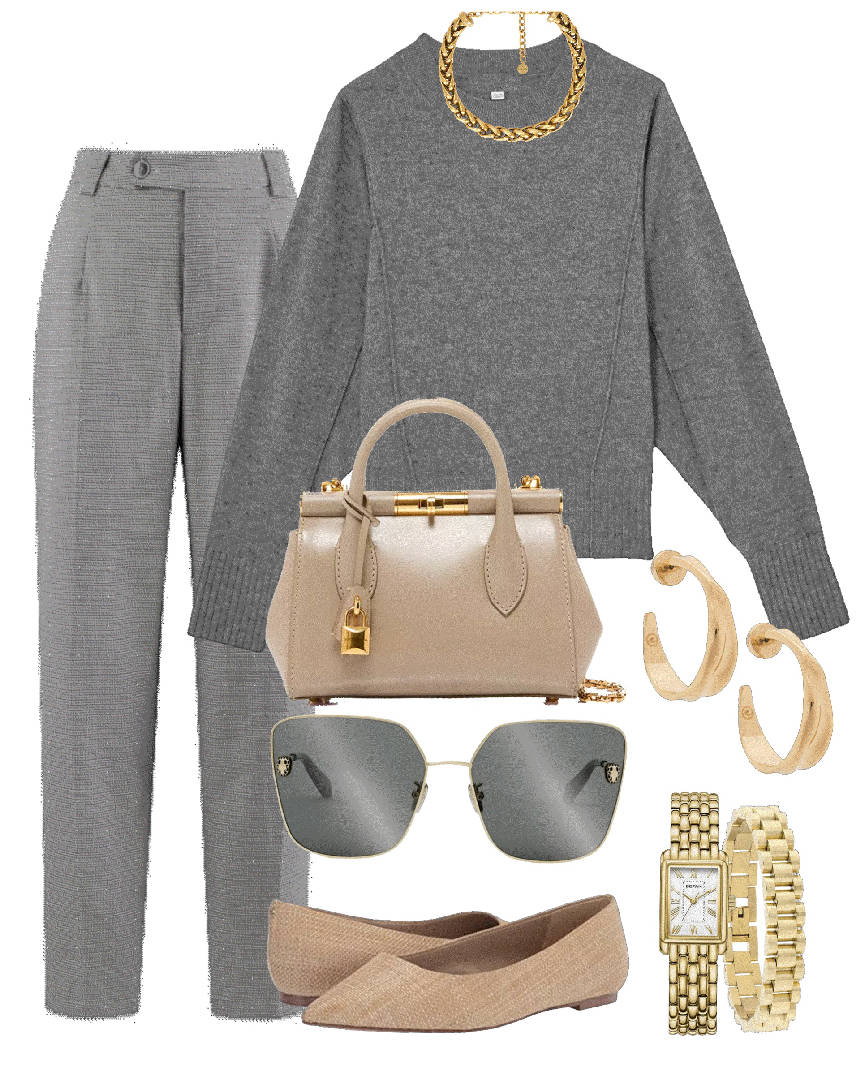 top handle beige bag with gray pants outfit